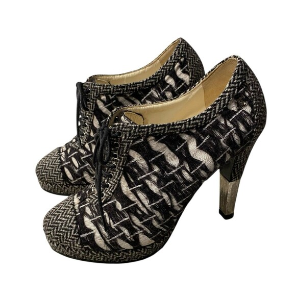 CHANEL Shoes - CHANEL Tweed Lace Up Booties Heels EU 37 Black White Ankle Boots -Authenticated